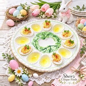 Vintage Lugene’s Japan Deviled Egg Plate Yellow White 12 Slot Platter